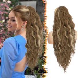 BARSDAR Highlight Drawstring Ponytail Extension, 26 Inch Long Curly Wavy Drawstring Ponytail Hair Extensions for Women, Synthetic Clip in Pony Tails Hairpieces Fake Ponytails- Ash Brown & Blonde