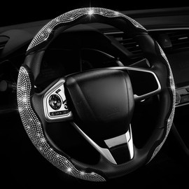 Queen's Land Diamond Bling Car Steering Wheel Cover with Crystal Rhinestones,3PCS Segmented Steering Wheel Protector,Universal for 99% Cars for Women:_Black with White_2PCS