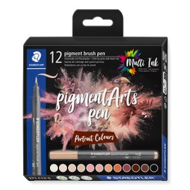 STAEDTLER Brush Pen Pigment Arts, Premium Drawing Ink, Brush Tip for Variable Line Width, Waterproof, Quick-Drying, 12 Brush Pens in Assorted Colours in Cardboard Case, 371 C12-4