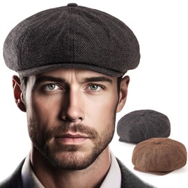 2 Pack 8 Panel Newsboy Hats for Men Flat Cap Golf Hunting (Black+Brown, L/XL)