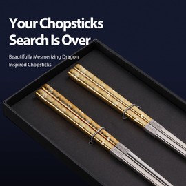 Hagary Dragon Chopsticks Metal Reusable Designed In Korea Japanese Style Stainless Steel 316 18/10 Non-Slip 2 Pairs Dishwasher Safe Laser Etched (Gold)