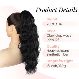 Ponytail Extension, 18 Inch Claw Clip Ponytail Extensions Curly Wavy Ponytail Hair Extension Jaw Clip on Pony Tails Hairpiece for Women Fluffy Natural Synthetic for Daily Use (Light Black)