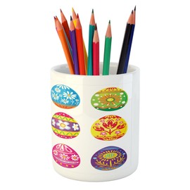 Ambesonne Easter Pencil Pen Holder, Colorful Easter Eggs with Flowers Stripes and Hen Design Ornate Cartoon Illustration, Printed Ceramic Pencil Pen Holder for Desk Office Accessory, Multicolor