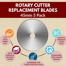 Madam Sew 45mm Rotary Cutter Replacement Blades, 5 Tungsten Steel Blades | Cuts Thick Layers of Fabric, Felt, Leather and Vinyl – Compatible with Fiskars, Olfa, Clover and Other Brands
