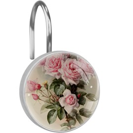 Vintage Chic Pink Rose Floral Decorative Shower Curtain Hooks Rings Set of 12 Hooks for Shower Curtain Stainless Steel Rustproof Curtain Rings for Bathroom