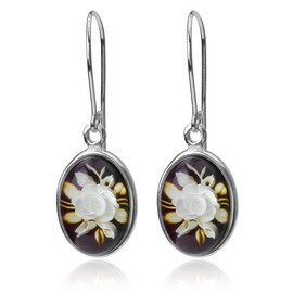 Amber Sterling Silver Cameo Rose Flower Oval Earrings