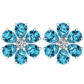 Solid Sterling Silver Pear-Shaped 1.98carat London Blue Topaz Flower Style Summer Cute Stud Earrings for Women, Fine Jewelry High Polished Sterling Silver Studs
