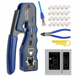 RJ45 Crimp Tool Kit Pass Through Ethernet Cat6 Cat6a Cat5e Crimping Tool with 20PCS Cat6 Pass-Thru Connectors,1 Wire Cutter Plier,1 Mini Wire Stripper and 1 Network Cable Tester