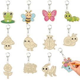 Haooryx 24pcs Color Your Own Spring-Theme Keychains, Cute Flower Animals Wooden DIY Blank Keychain, Cartoon Butterfly Ladybug Hello Spring Uncolored Keychain for Kids Spring Easter Party Favor Supply