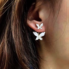 Cimenexe Bohemian Enamel Butterfly Jacket Earrings Gold Butterfly Earrings White Enamel Butterfly Drop Earrings Double Butterfly Stud Earrings Jewellery for Women and Girls, Zinc, No Gemstone