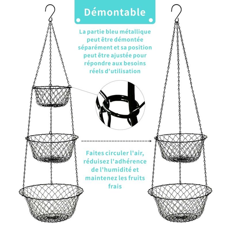 Home Bay Hanging Fruit Basket Kitchen 3 Tier Wire Stand