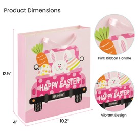 RACHELLE'S Easter Gift Bags with Handles (2 Pack) - Pink Car Design - Ideal for Wrapping Gifts, Egg Hunt Games, and Party Supplies - Kids' Easter Goodie Bags (12.5"x10.2"x4")