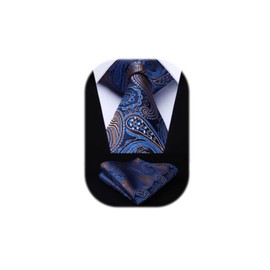 Hisdern Men's Tie Floral Paisley Wedding Business Tie Handkerchief & Pocket Square Set - Blue and brown