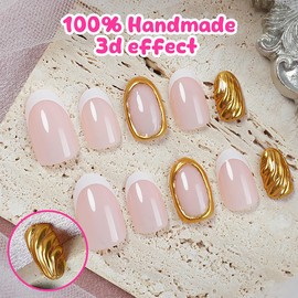 24 Pcs French Tip Press on Nails Short Almond Gold Stripe Fake Nails White French Tip False Nails Full Cover Glue on Nails French Artificial Nails for Women Girl Nail Design Decoration