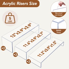 Aminigram Large Acrylic Display Risers, 2 Set - 6 Pack (12”L~11.6”L~11.2”L) Collectibles Display Shelf, Acrylic Risers Display Stands for Show Figures, Cupcake, Perfume, Dorm, Classroom, Livingroom Decor
