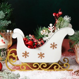 Cinnvoice Christmas Sleigh Decoration Metal Tabletop Sleigh Christmas Snowflake Santa Sleigh Decoration Christmas Santa Sled Table Top Decor for Xmas Pendant Candy Bowl Decor(White)