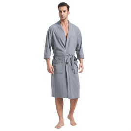 FashGudim 100% Cotton Knit Robe for Men Lightweight Summer Robes Thin Kimono Bathrobes Knee Length (Grey Heather,6XL)
