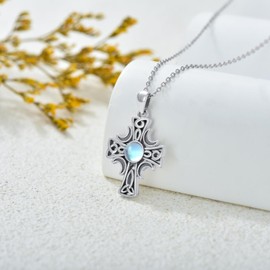 LONAGO Moonstone Necklace Sterling Silver Celtic Cross Pendant Necklace Celtic Knot Jewelry Gifts for Women with 18’’+2’’ inch Rolo Chain (with Gift Box)