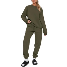 REORIA Women's Cotton Jogging Suit, Crew Neck, Two-Piece Plus Size, Long Sleeve Tracksuit, Leisure Suit, Sports Set, Lounge Set with Fleece Lining, dark green