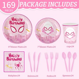 168pcs Super Girl Birthday Party Supplies - Spider Pink Ghost Gwen Plates Napkins Cups Paper Disposable Tableware Decorations for 24 Guests