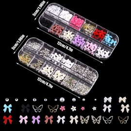 Bowknot Nail Pendants, 2 Boxes of Beads Butterfly Bow Flower Nail Art Rhinestone Caviar Beads 3D Nail Art Decorations for Nail Art DIY Crafts Party Daily Wedding