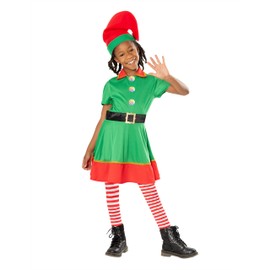 Rubies Christmas Elf Costume Girls Dress Belt Tights and Hat Elf Elf Christmas School Play Party Santa (Small 7-8 Years)