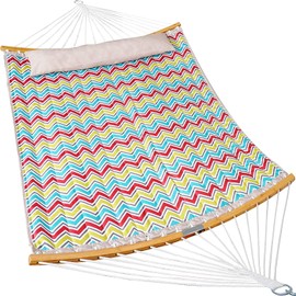 Double Hammock Quilted Fabric Swing with Strong Curved-Bar Bamboo & Detachable Pillow, 140x190 cm Large Hammocks with Carrying Bag …