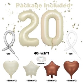 20 Cream White Balloons, 20 Number Balloons Set, Beige Number 20 Balloons, Brown Sand White Foil Star Heart Balloons With Long Balloons For 20th Birthday Party 2nd Baby Shower Decorations