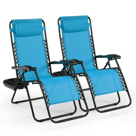 S AFSTAR Folding Reclining Lounge Chair, Outdoor Zero Gravity Recliner W/Side Tray & Detachable Headrest Pillow, Heavy-Duty Steel Frame, Reclining Folding Chair for Poolside, Backyard (2, Blue)