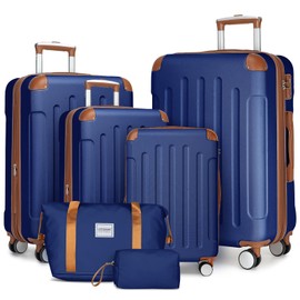 LARVENDER Luggage Sets 6 Piece Hardshell Expandable Suitcase Set with Double Spinner Wheels TSA Lock (Blue Brown, 6 Piece Set)