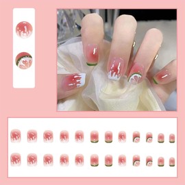 24Pcs Watermelon Press on Nails Short Square False Nails Green White French Tips Fake Nails with Blush Designs Summer Fruit Stick on Nails Pink Nude Full Cover Glossy Glue on Nails for Manicure Decor