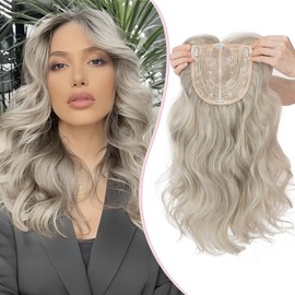 S-noilite Hair Toppers for Women, Toupee Toppers, Hair Extensions, Wigs with Fringes, Hair Topper Base, 15 x 15 cm, Clip-In Synthetic Hairpieces, Wavy 45 cm, 175 g, Silver Blonde Mixed