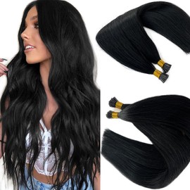 Pre Bonded I Tip Human Hair Extension #1 Jet Black Keratin I Tip Extensions Real Human Hair for Women 16 Inch Stick in Silky Straight Black I Tips Hair Extensions 100Strands 50G Microlink Hair