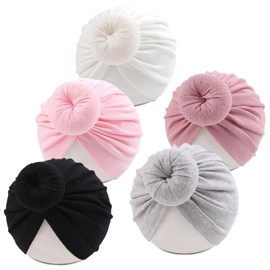 PEECABE Toddler Baby Girl Beanie DIY Knotted Bow Hat Little Girls Soft Elastic Pompom Hats 5-Pack for Summer Fall (Pompom(White+Black+Gray+Pink+Dark Pink))