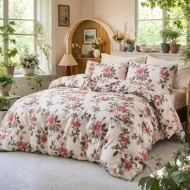 Floral Bedding King 100% Cotton Duvet Cover Set Botanical Comforter Cover Cute Garden Pink Flower Breathable Lightweight 3 Pcs