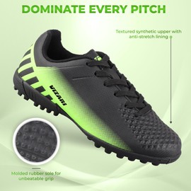 Vizari Santos Turf Soccer Shoes for Boys and Girls | Durable Kids Turf Soccer Shoes with Two-Color Synthetic Upper | Lightweight Cleats with Rubber Outsole for Youth Black/Green