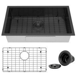 RV Kitchen Sink, 27 Inch Black Undermount Sink 18 Gauge Stainless Steel Single Bowl Sink with Sink Strainer, Sink Bottom Grid