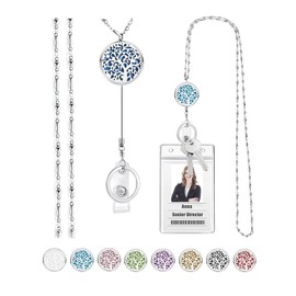 SAM & LORI Strong Retractable Pretty Lanyard Necklace for ID Badges Holder and Keys Stainless Steel Metal Lanyard Necklace Silver Chain with Badge Clip for Women Teachers Nurse Family Tree