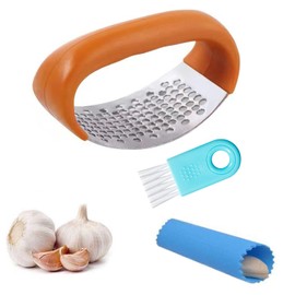 Garlic Press Crusher,Stainless Steel Garlic Press Rocker - Precision Kitchen Gadgets Garlic Chopper Garlic Mincer with Silicone Garlic Peeler,Egg Separator Filiter Tools For You (Orange)