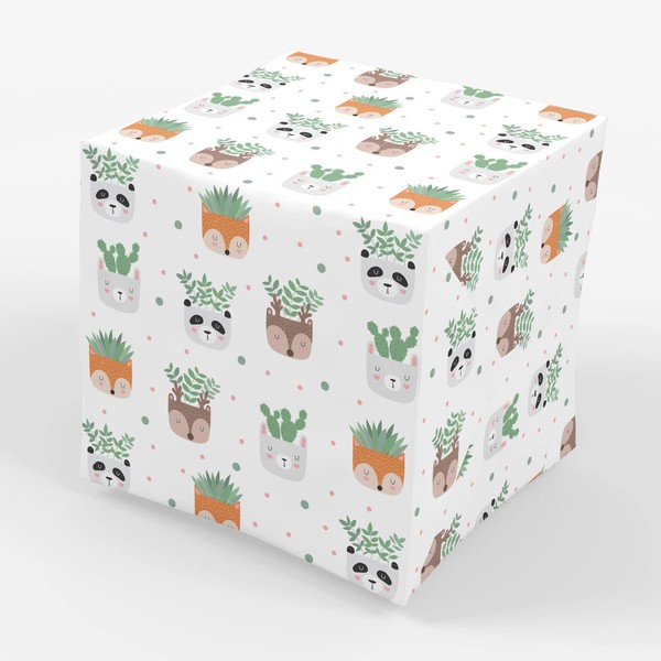 Stesha Party Woodland Animal Succulent Planter Gift Wrap Paper - 30 x 20 Inch (3 Sheets)