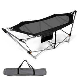 Giantex Portable Folding Hammock, Lounge Camping Bed with Hammock Stand, Indoor & Outdoor Hammock w/Side Pocket, Anti-tip Buckles & Iron Stand for Camping Outdoor Patio Yard Beach (Black)