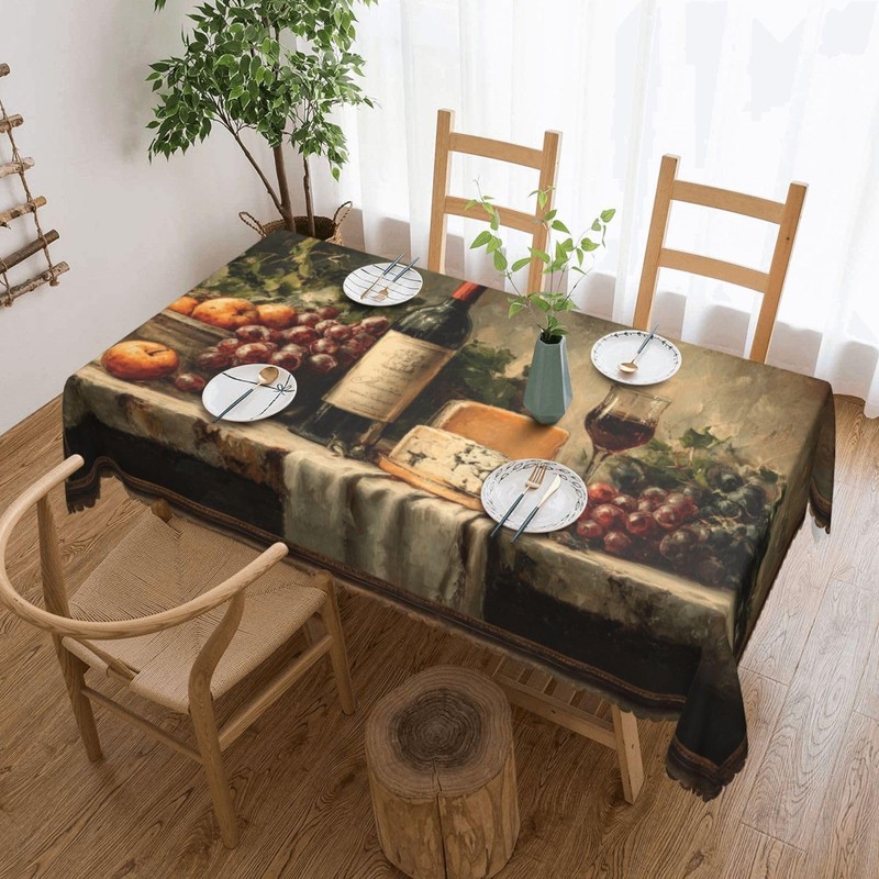 JIANKESEN Retro Wine Bottles Glasses and Grapes Tablecloth Rectangle Cheese