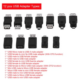 12Pcs USB2.0 Adapters Set, High Speeds USB2.0 Adapters Converters, Micro Mini Male Female USB Converters Connectors