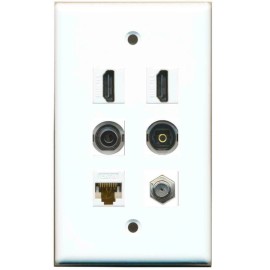 Wallplate City 1 Gang Flat 2 HD Coax Cable CAT6 3.5mm Toslink Coupler Jack Port Wall Plate