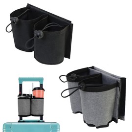 SSuirk Travel Cup Holder for Luggage - Fits Roll-On Suitcase Handles, Holds 2 Coffee Mugs, Free Hands Drink Caddy, Essential Travel Accessory for Flight Attendants & Travelers (Black/Gray)