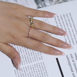 MOTIBACK French Press on Nails Pointed Medium - Stick On False Nails Pack of 24 3D Wave Design with Nail Glue & File, Glue-On Fingernails for Women (Wavy French Style)