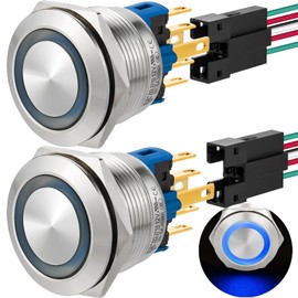 ZJWZJH Waterproof Push Button Switch 22mm Momentary 12V SPDT On Off Stainless Steel 304 Industrial Switches with Wire UL Certified 7/8" 2 PCS (Blue, Momentary,12V)