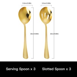 6-Piece Gold Serving Spoon Set 22 cm, Includes 3 Serving Spoons and 3 Slotted Spoons, Stainless Steel Buffet Banquet Spoons, Large Spoons, Utensils, Cutlery Set