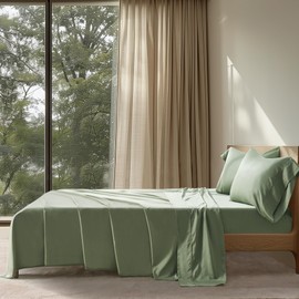 EVERGRACE Cotton Tencel Sheets King Size 4 Piece Set, Silky Soft Cooling Bed Sheets, Luxury Organic Eucalyptus Lyocell Sheets with Deep Pocket, 1 Fitted Sheet, 1 Flat Sheet, 2 Pillowcases, Sage Green