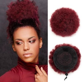 Boymia Afro Puff Drawstring Ponytail #BURG Burgundy 6 Inch Afro Kinky Curly Hair Bun Hairpieces Clip On Kinky Drawstring Curly Ponytail Bun 100% Remy Human Hair Naturally Styled Hairpiece